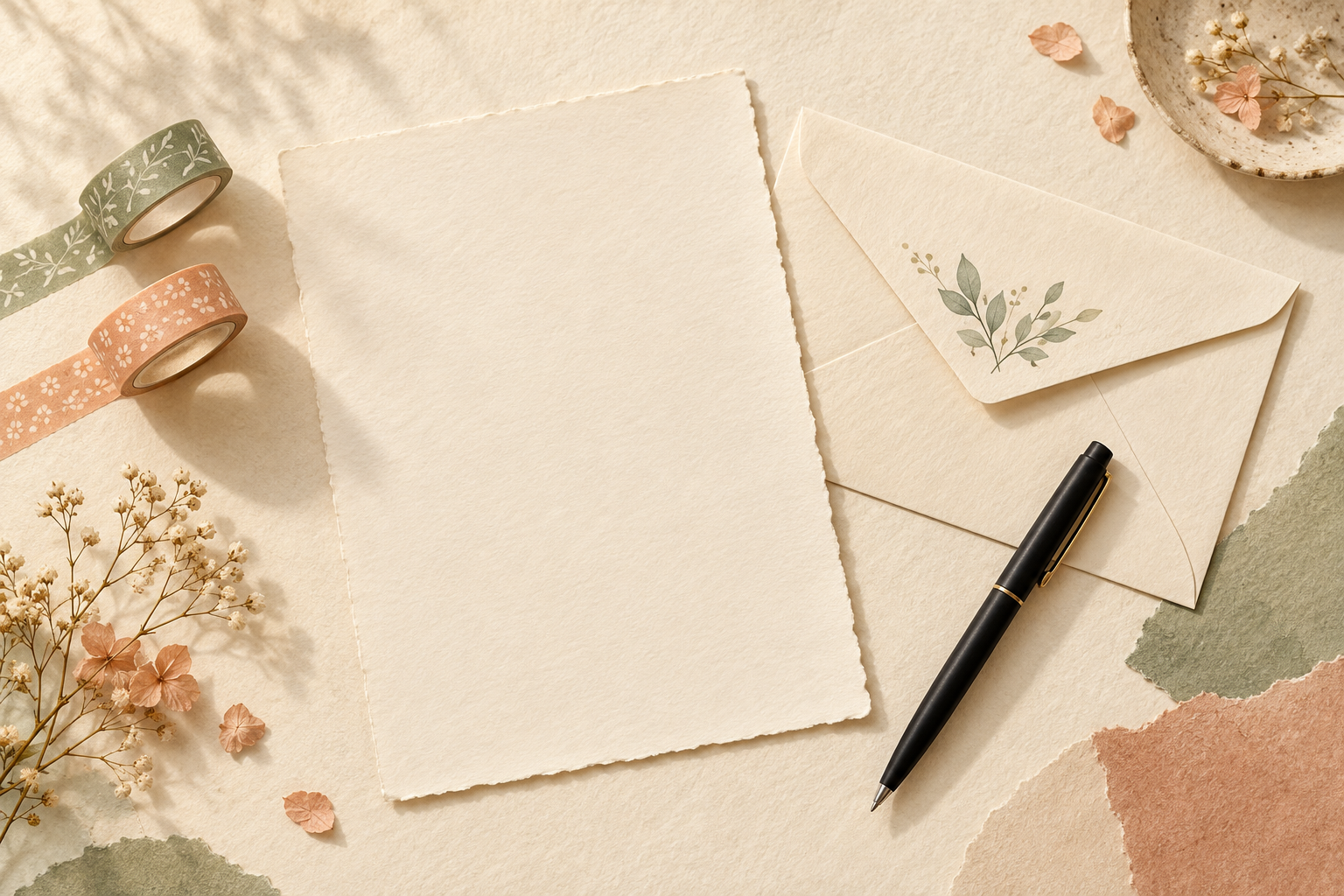 Illustrated cream letter paper, an envelope, a black pen and sage and apricot washi tape on a softly textured surface.